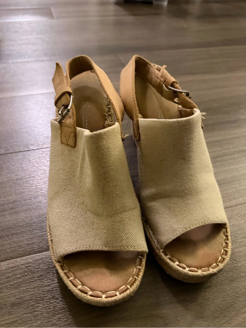 Toms Cream Canvas Wedge Espadrilles with Tan Strap